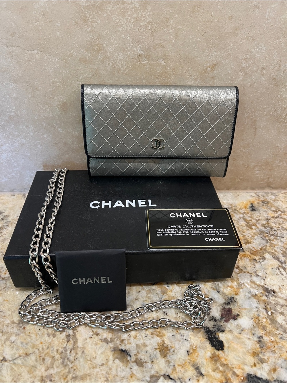 CHANEL Metalic Silver Quilted CC Flap Slim Wallet or Crossbody - 2007